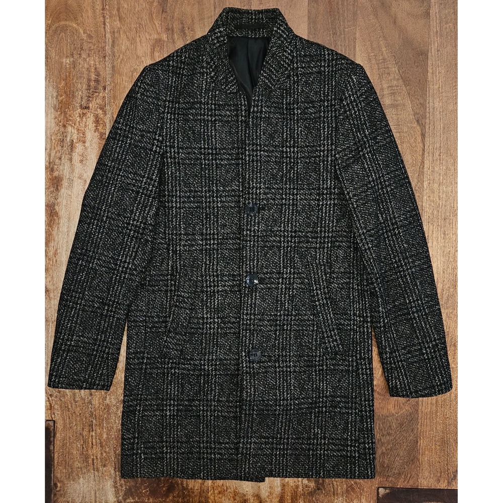 H&M Wool Blend Overcoat Mens 36R Black Gray Tweed Stand Up Collar Classic Dapper